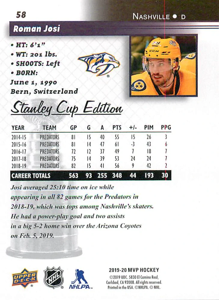 2019-20 UD MVP - Roman Josi - Stanley Cup Edition 20th Anniversary #58