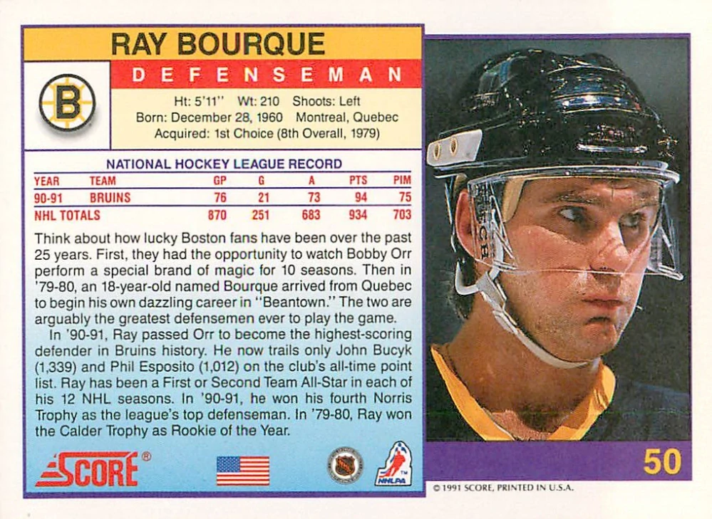 1991-92 Score - Ray Bourque (American) #50