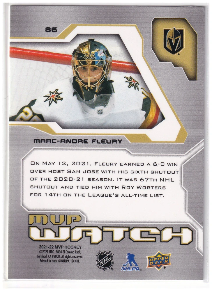 2021-22 UD MVP - Marc-Andre Fleury - Watch #86