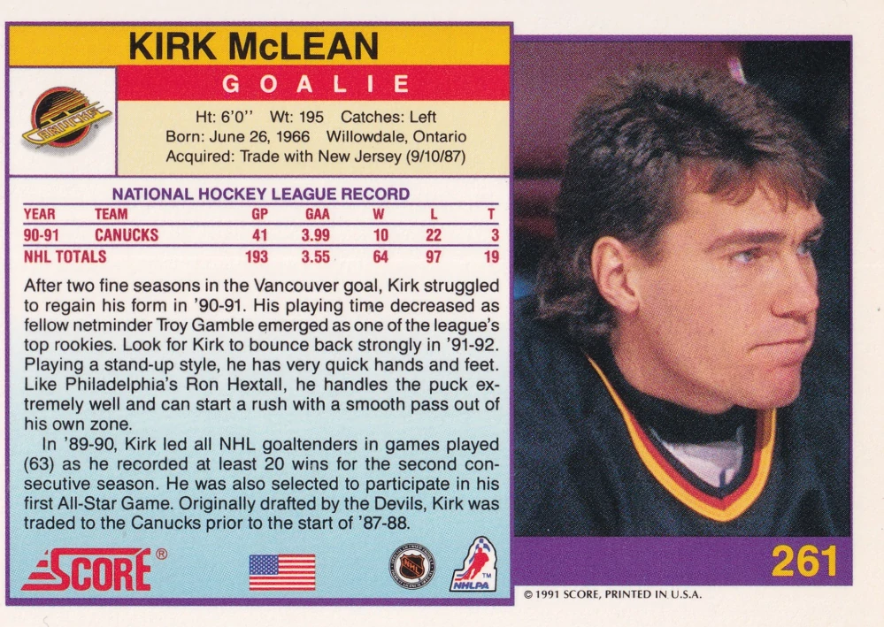 1991-92 Score - Kirk Mclean (American) #261