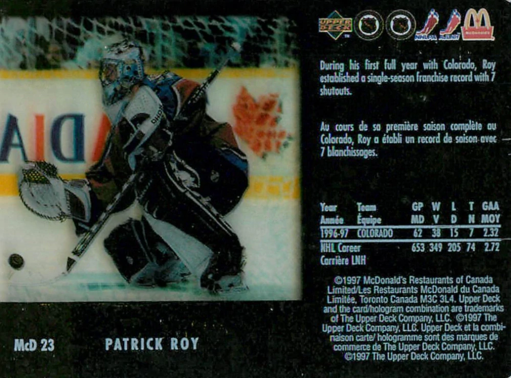 1997-98 UD McDonalds - Patrick Roy - Caged Ice #McD 23