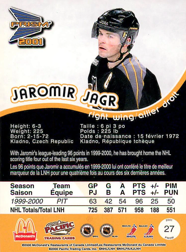 2000-01 Pacific Prism Mcdonalds - Jaromír Jágr #27