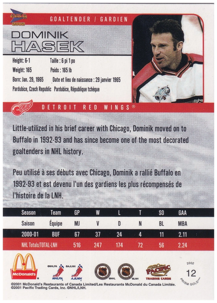 2001-02 Pacific Prism Gold McDonalds - Dominik Hašek #12