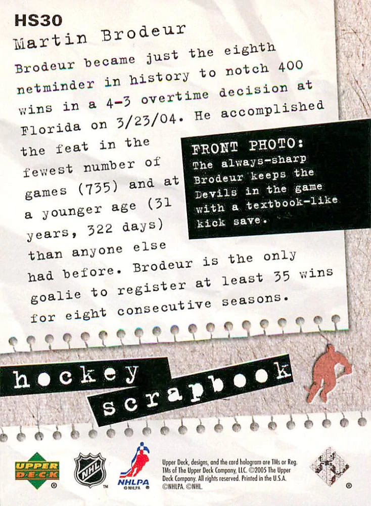 2005-06 UD Series 1 - Martin Brodeur - Hockey Scrapbook #HS30