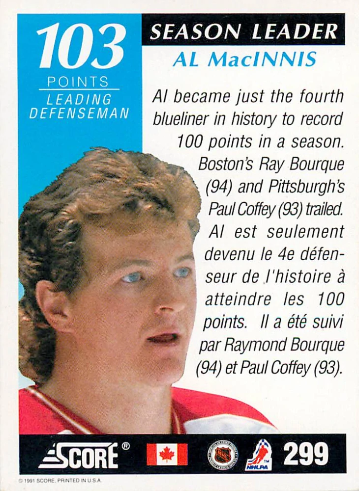 1991-92 Score - Al Macinnis (French) - Season Leader #299