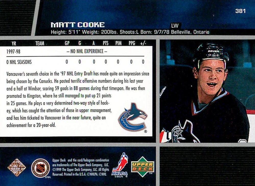 1998-99 UD series 2 - Matt Cooke #381