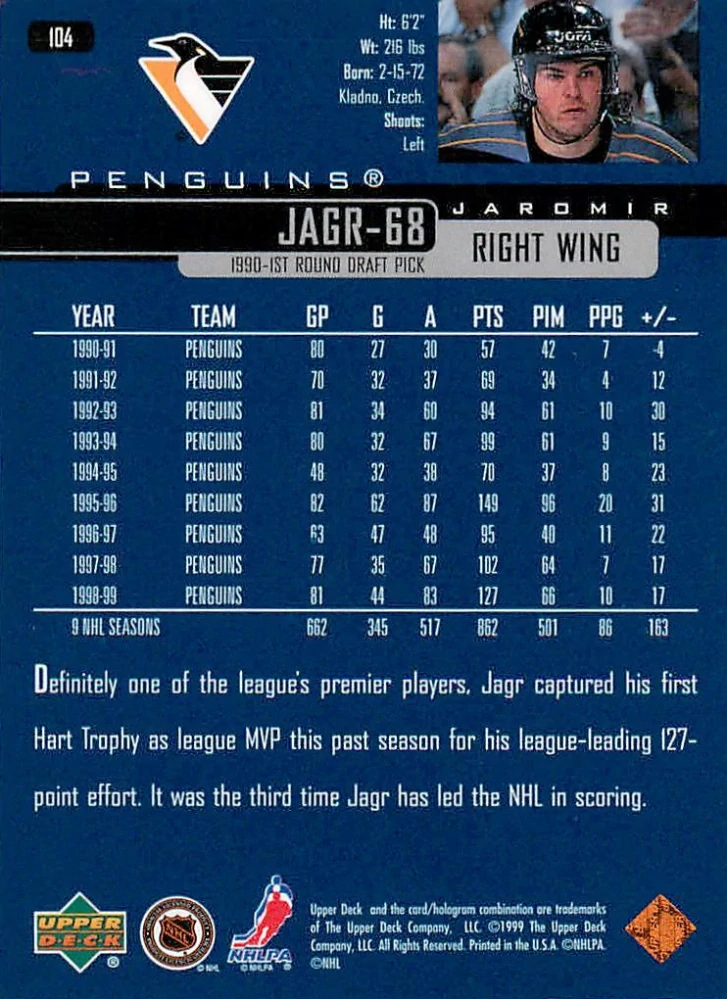 1999-00 UD series 1 - Jaromír Jágr #104