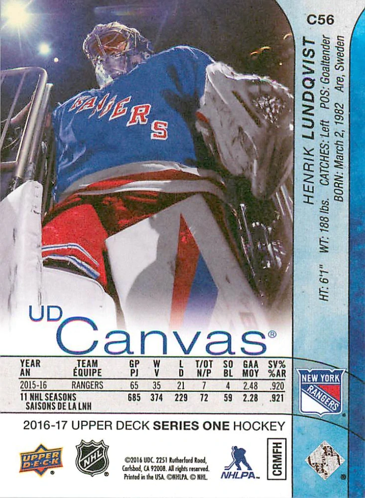 2016-17 UD Series 1 - Henrik Lundqvist - Canvas #C56