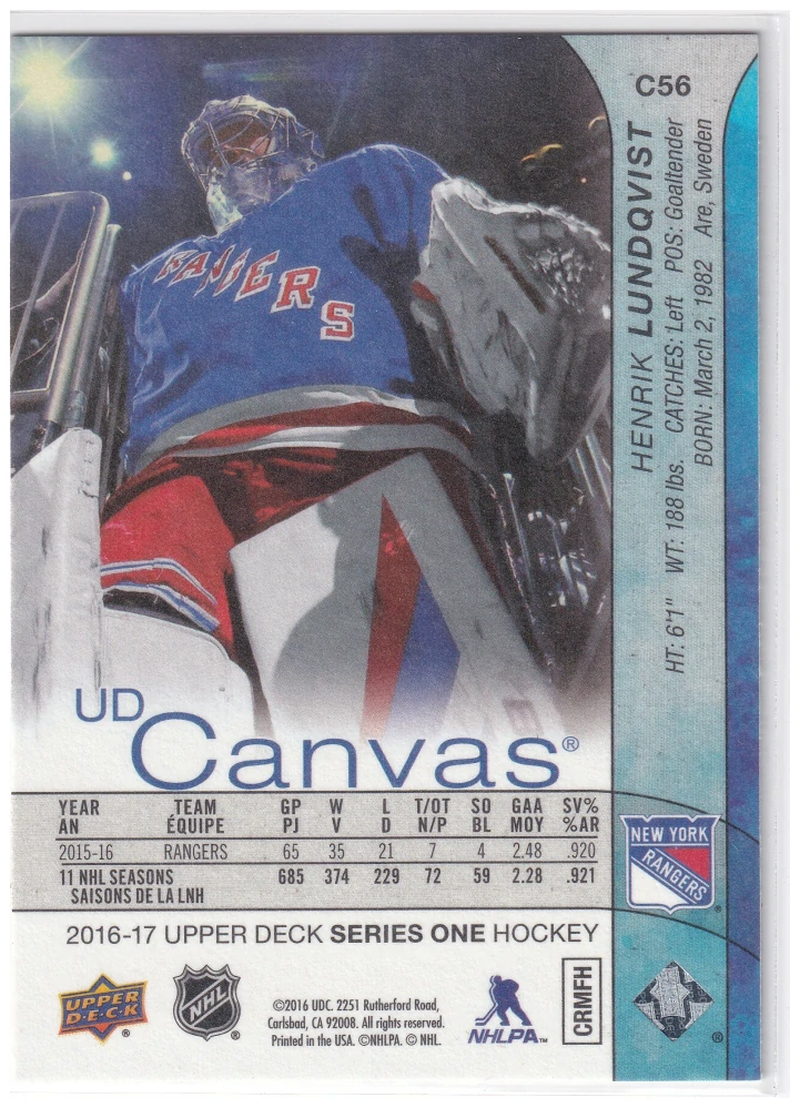 2016-17 UD Series 1 - Henrik Lundqvist - Canvas #C56