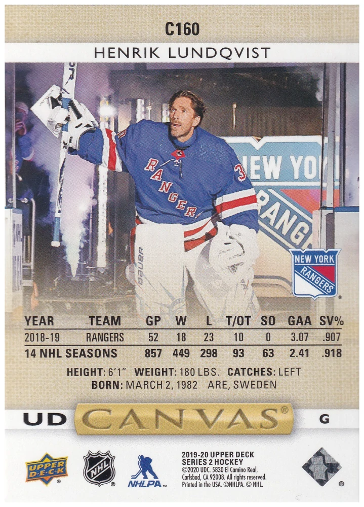 2019-20 UD Series 2 - Henrik Lundqvist - Canvas #C160