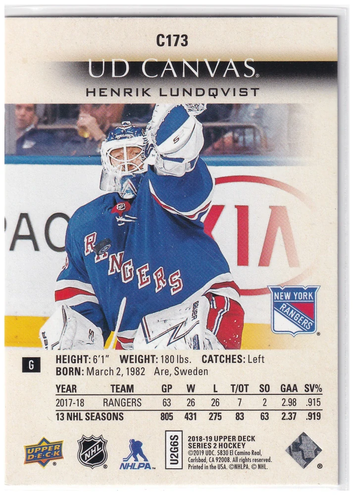 2018-19 UD Series 2 - Henrik Lundqvist - Canvas #C173
