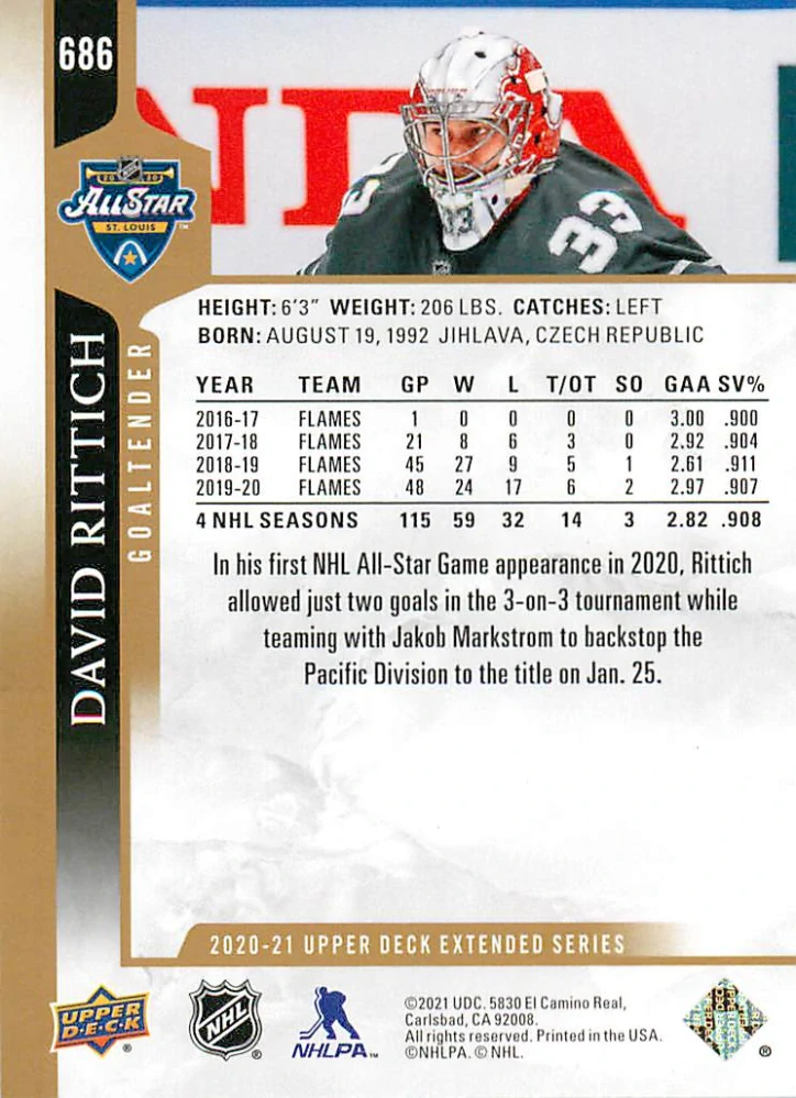 2020-21 UD Extended Series - David Rittich - Speckled Rainbow Foil #686