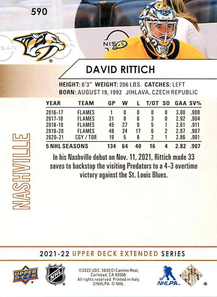 2021-22 UD Extended Series - David Rittich - Silver Foil #590
