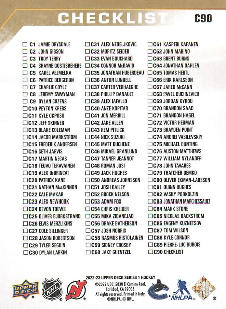 2022-23 UD Series 1 - Jack Hughes, Quinn Hughes - Canvas Checklist #C90