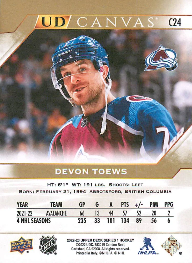 2022-23 UD Series 1 - Devon Toews - Canvas #C24