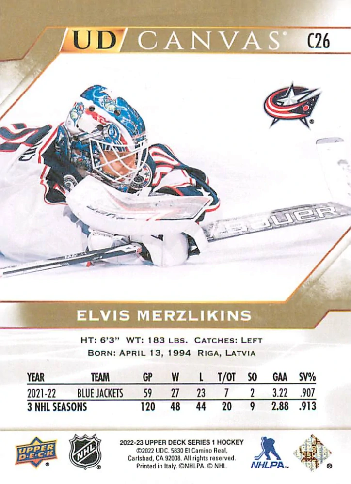 2022-23 UD Series 1 - Elvis Merzlikins - Canvas #C26