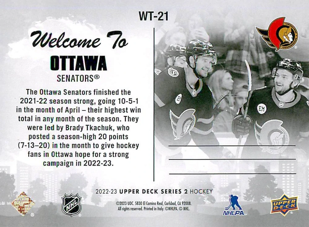 2022-23 UD Series 2 - Welcome To Ottawa #WT-21