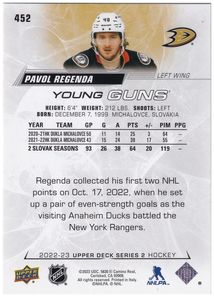 2022-23 UD Series 2 - Pavol Regenda - Young Guns #452