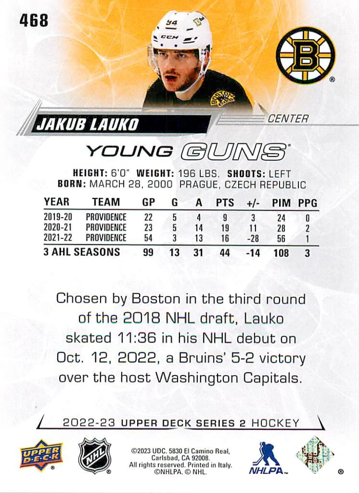2022-23 UD Series 2 - Jakub Lauko - Young Guns #468