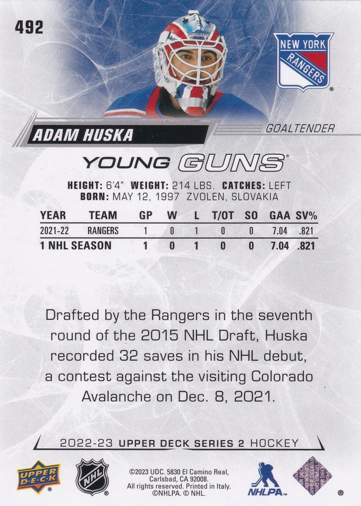 2022-23 UD Series 2 - Adam Húska - Young Guns #492