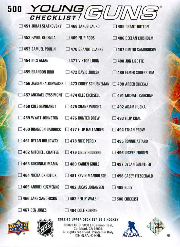 2022-23 UD Series 2 - Juraj Slafkovský, Shane Wright - Young Guns Checklist #500