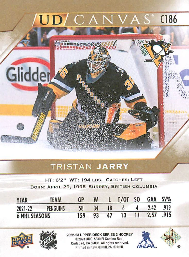 2022-23 UD Series 2 - Tristan Jarry - Canvas #C186