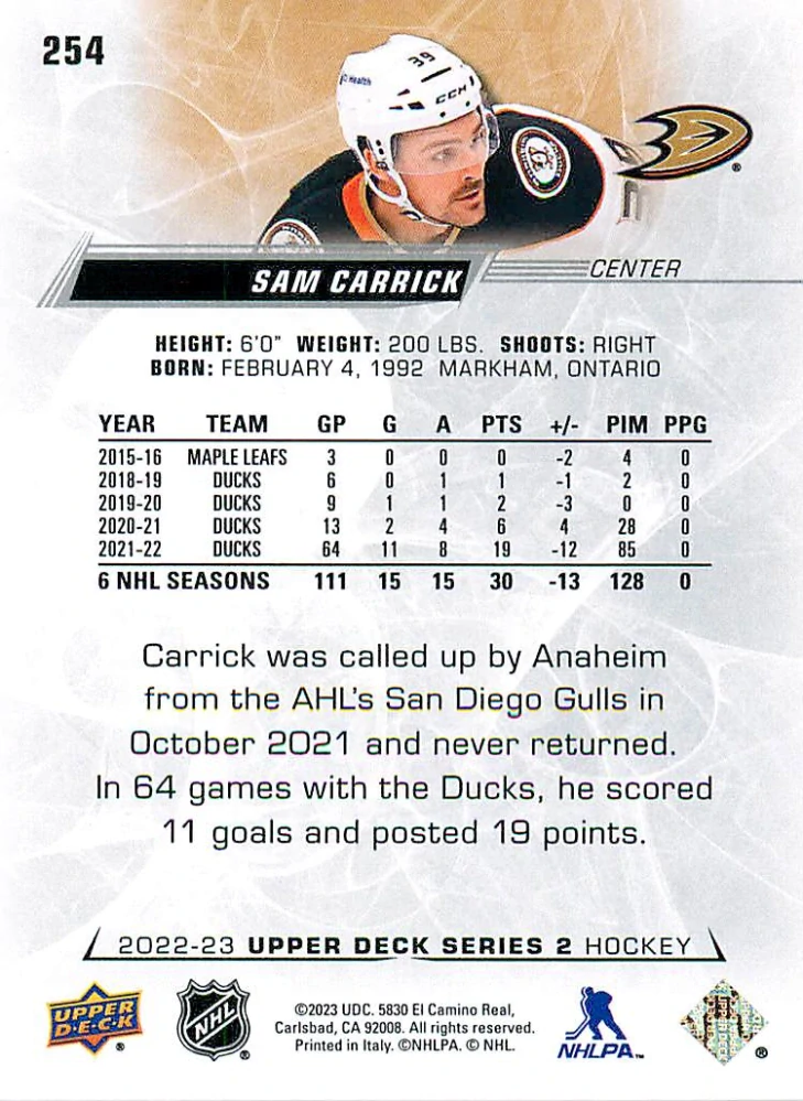2022-23 UD Series 2 - Sam Carrick #254