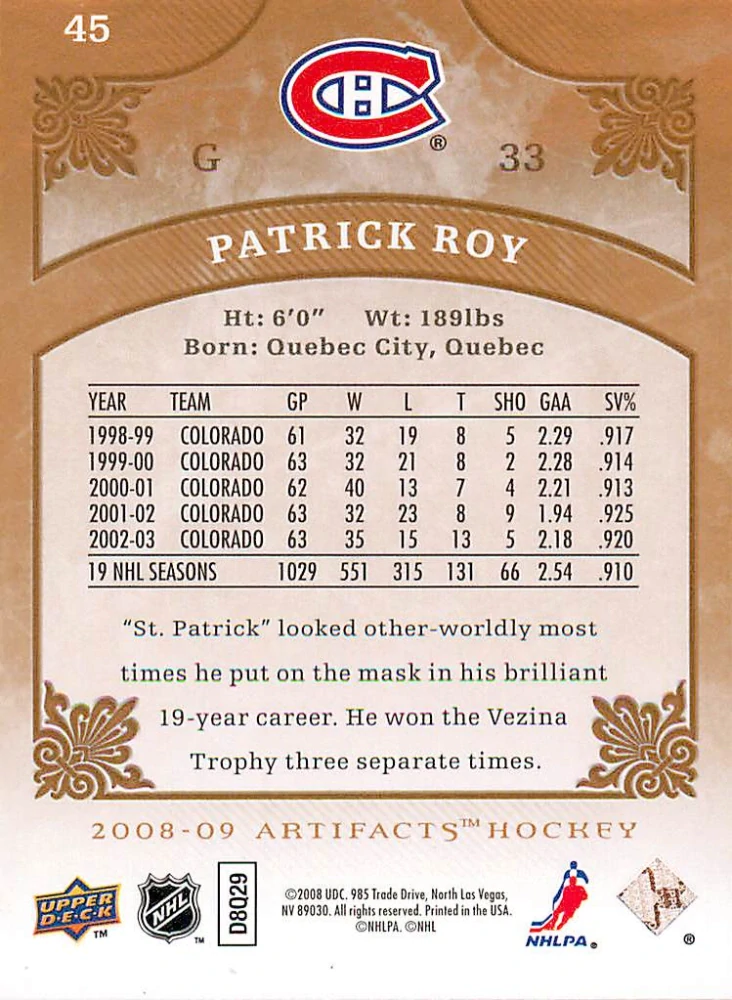 2008-09 UD Artifacts - Patrick Roy #45