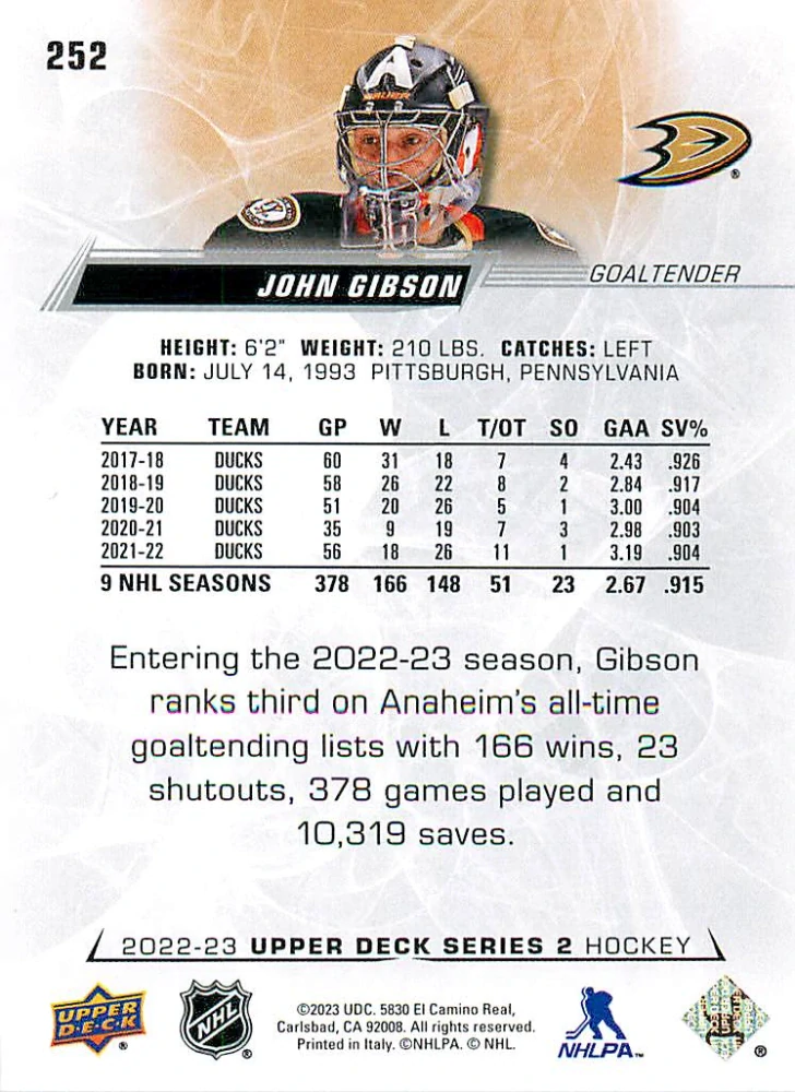 2022-23 UD Series 2 - John Gibson #252
