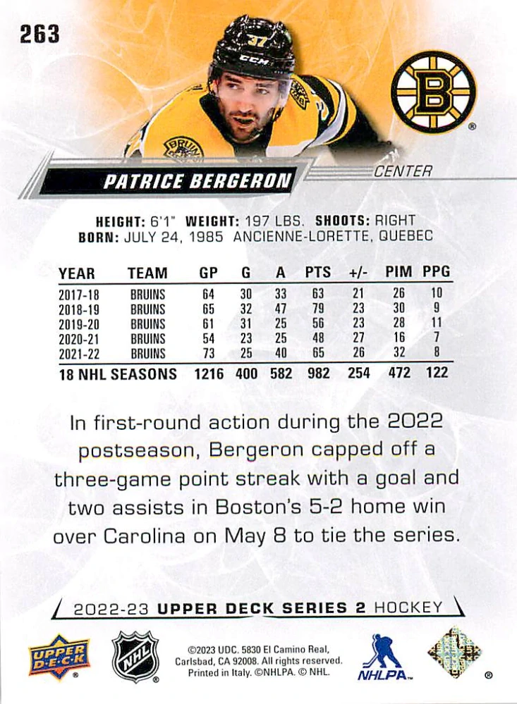 2022-23 UD Series 2 - Patrice Bergeron #263