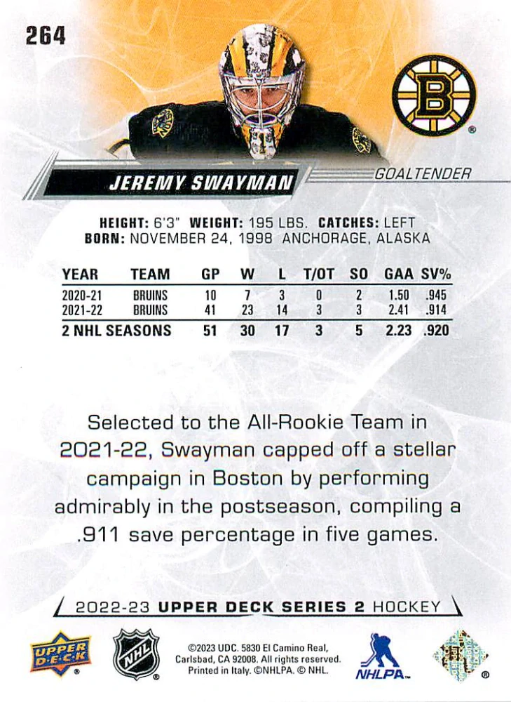 2022-23 UD Series 2 - Jeremy Swayman #264