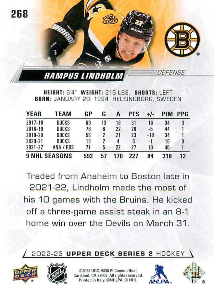 2022-23 UD Series 2 - Hampus Lindholm #268