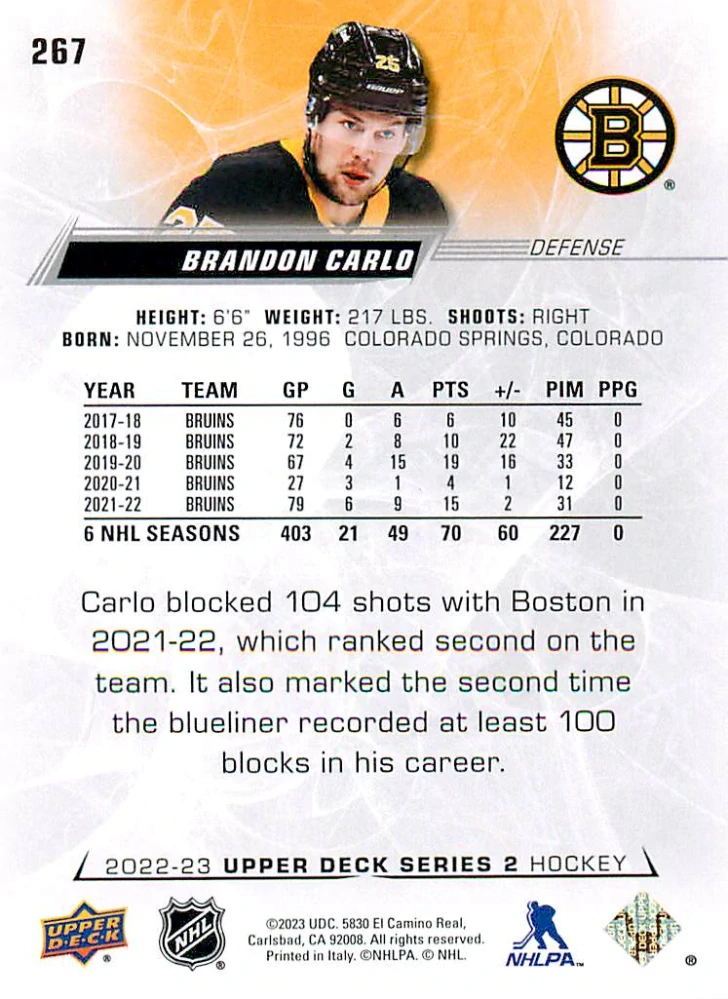 2022-23 UD Series 2 - Brandon Carlo #267