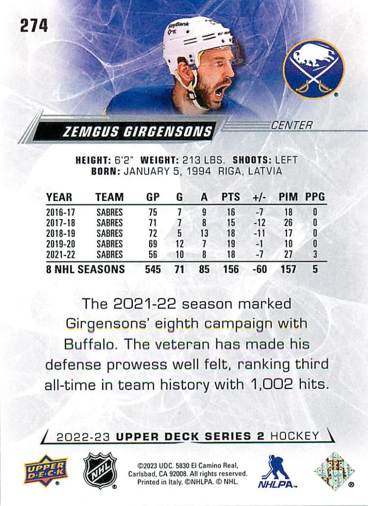 2022-23 UD Series 2 - Zemgus Girgensons #274