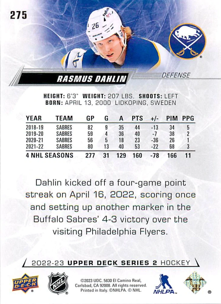 2022-23 UD Series 2 - Rasmus Dahlin #275