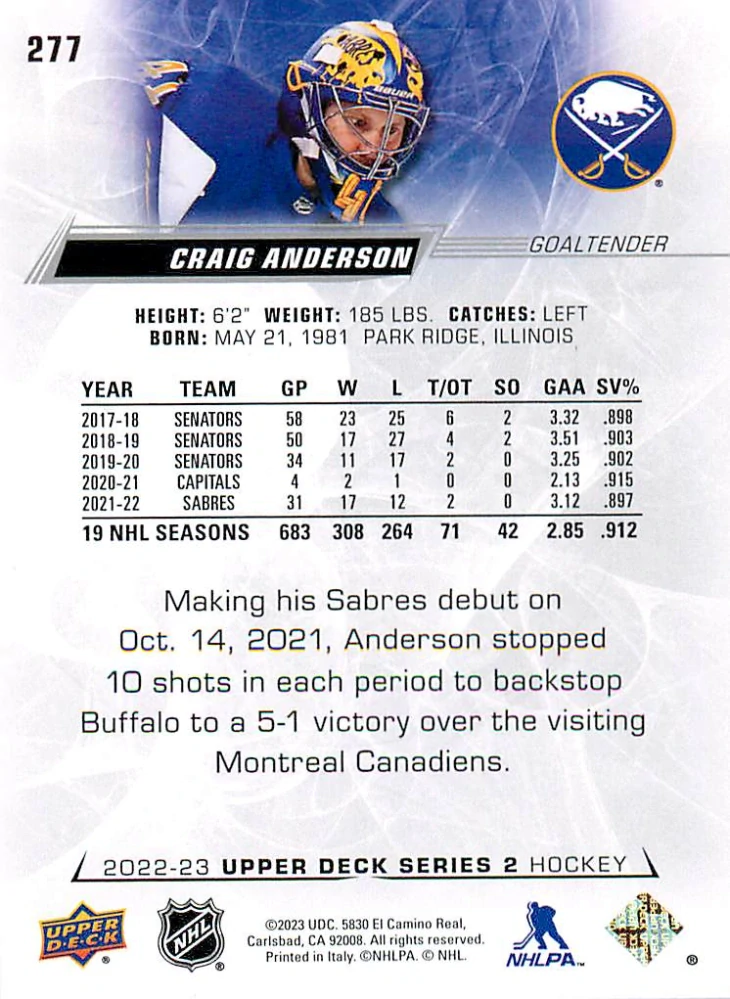 2022-23 UD Series 2 - Craig Anderson #277