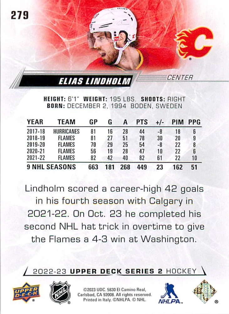 2022-23 UD Series 2 - Elias Lindholm #279