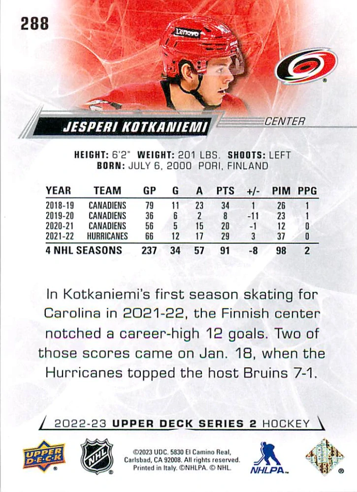 2022-23 UD Series 2 - Jesperi Kotkaniemi #288