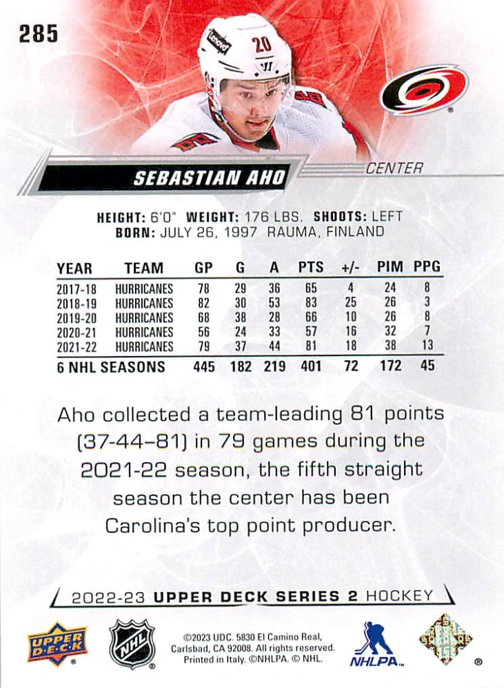2022-23 UD Series 2 - Sebastian Aho #285