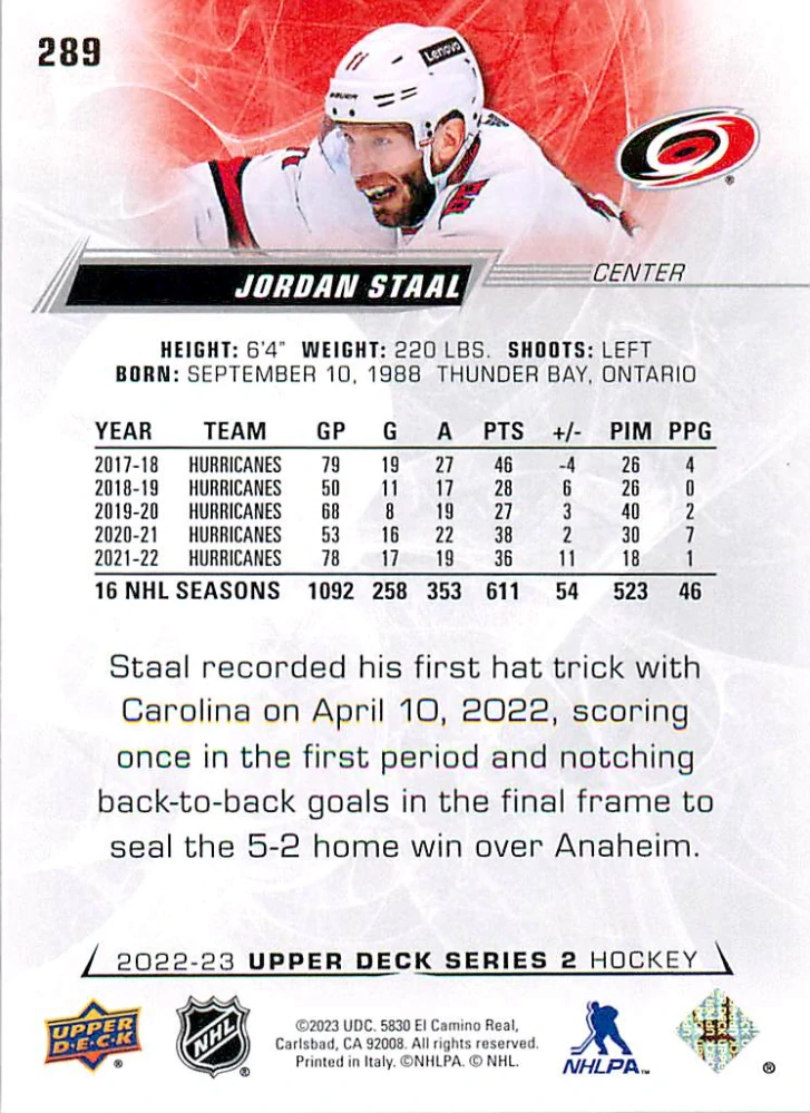2022-23 UD Series 2 - Jordan Staal #289