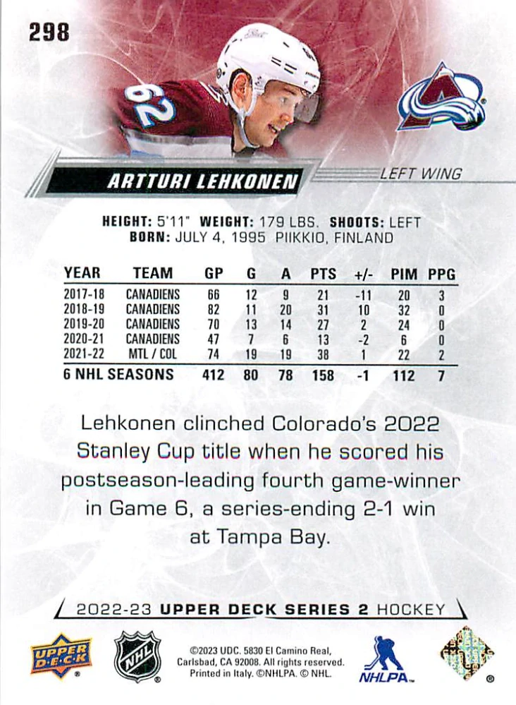 2022-23 UD Series 2 - Artturi Lehkonen #298