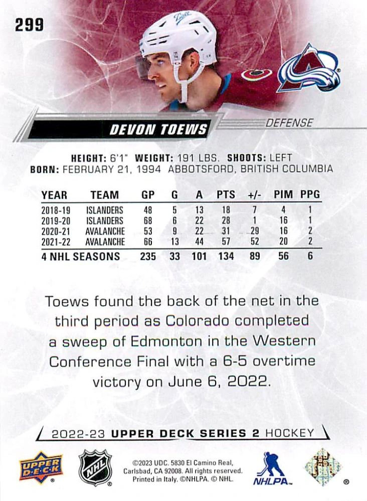 2022-23 UD Series 2 - Devon Toews #299