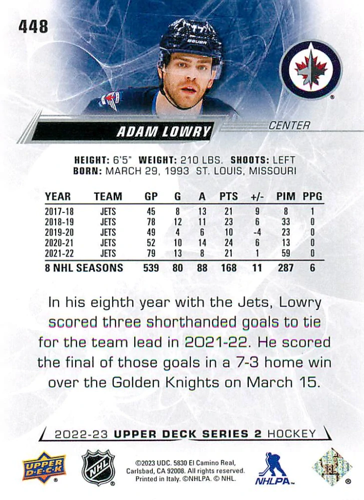 2022-23 UD Series 2 - Adam Lowry #448