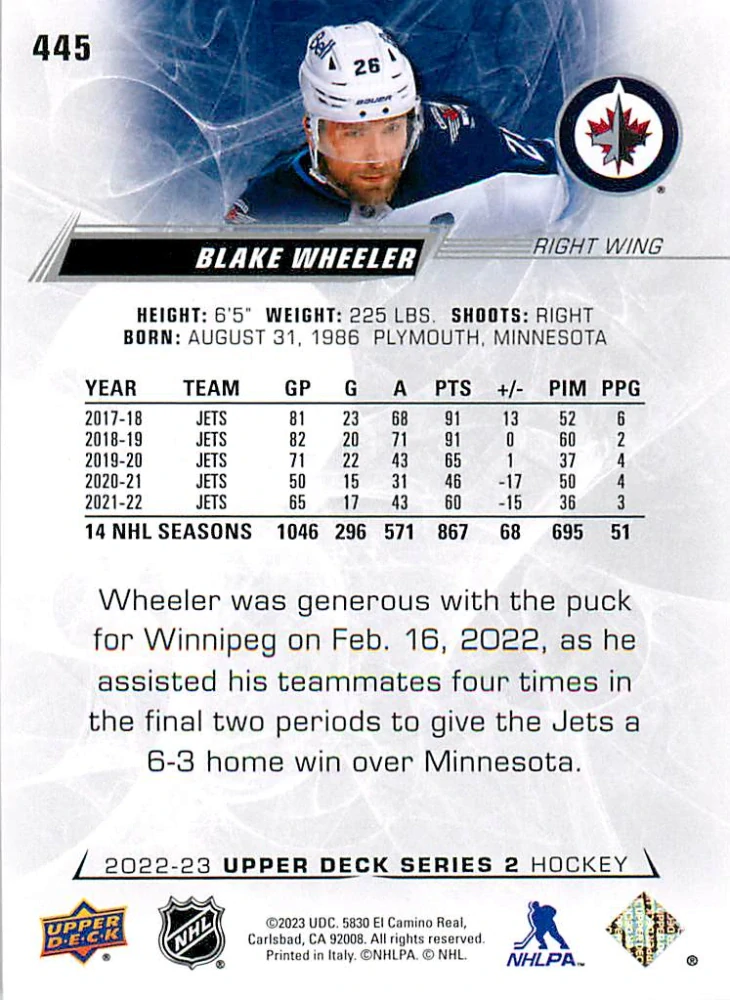 2022-23 UD Series 2 - Blake Wheeler #445