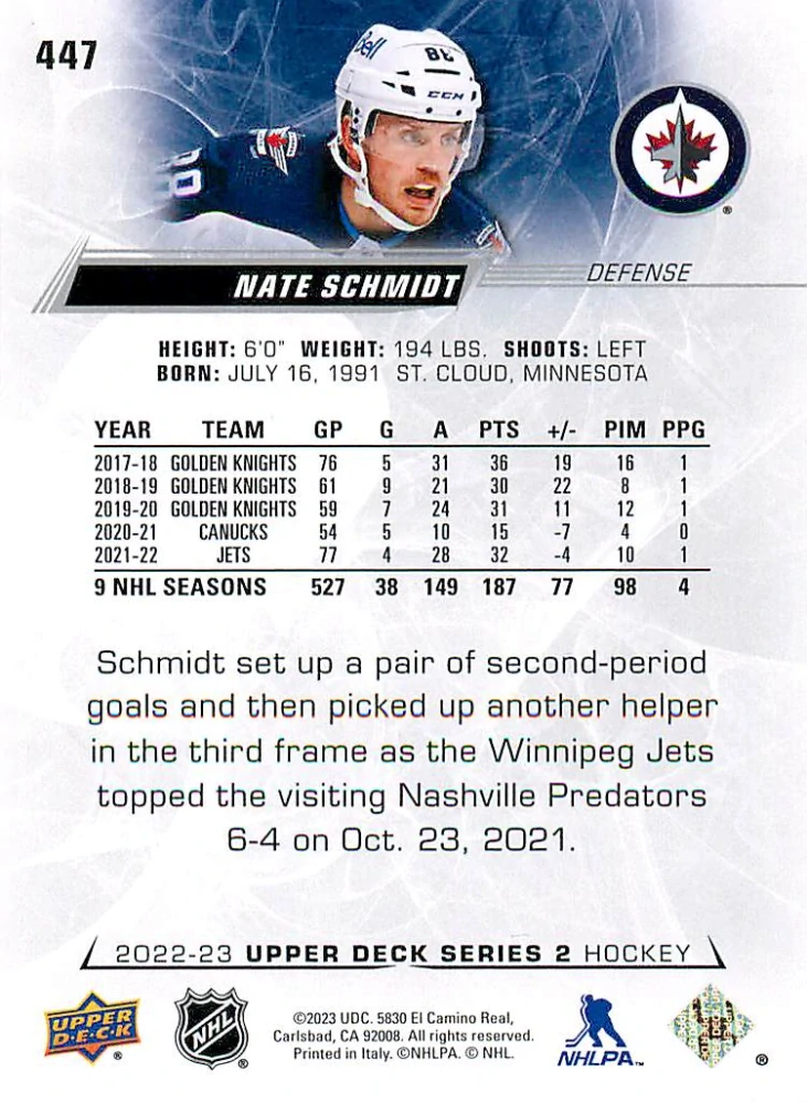 2022-23 UD Series 2 - Nate Schmidt #447