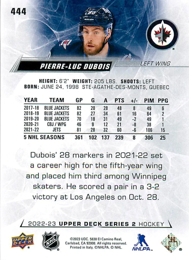 2022-23 UD Series 2 - Pierre-Luc Dubois #444