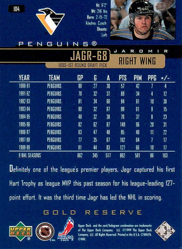 1999-00 UD Gold Reserve - Jaromír Jágr #104