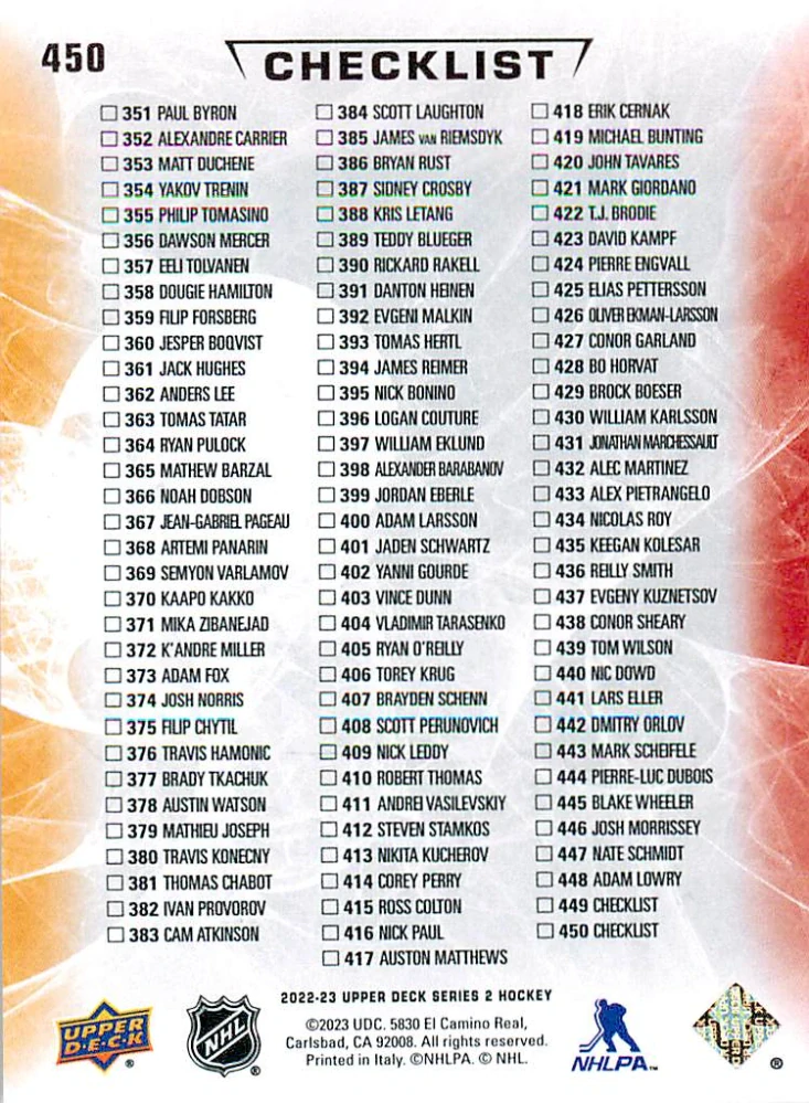 2022-23 UD Series 2 - Charlie McAvoy, Moritz Seider -  Checklist #450