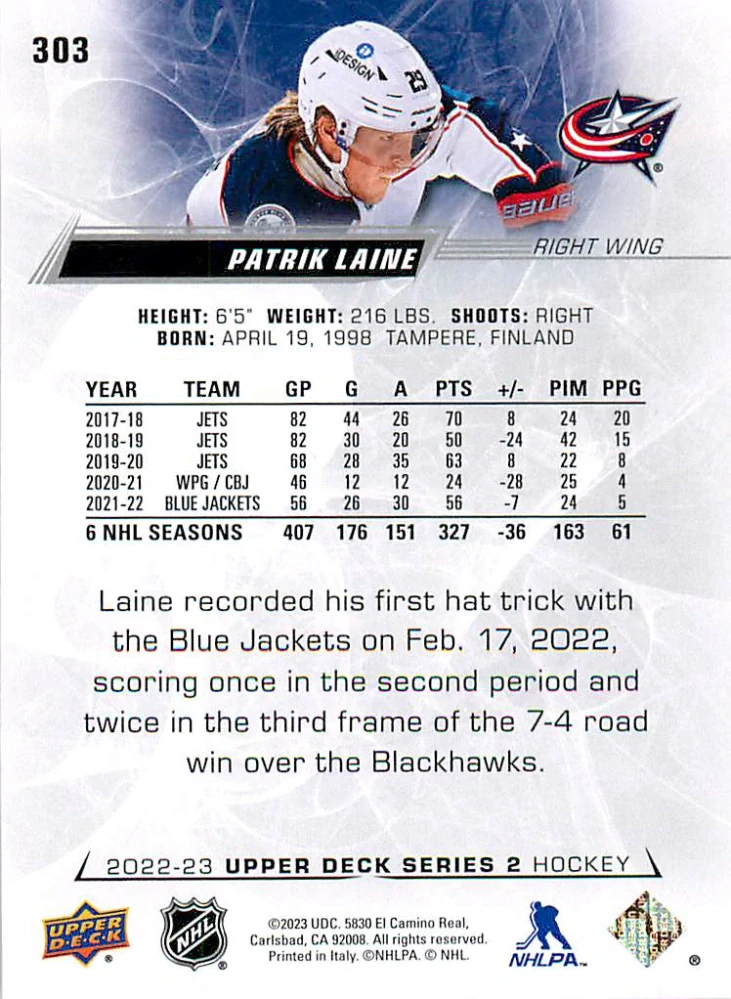 2022-23 UD Series 2 - Patrik Laine #303