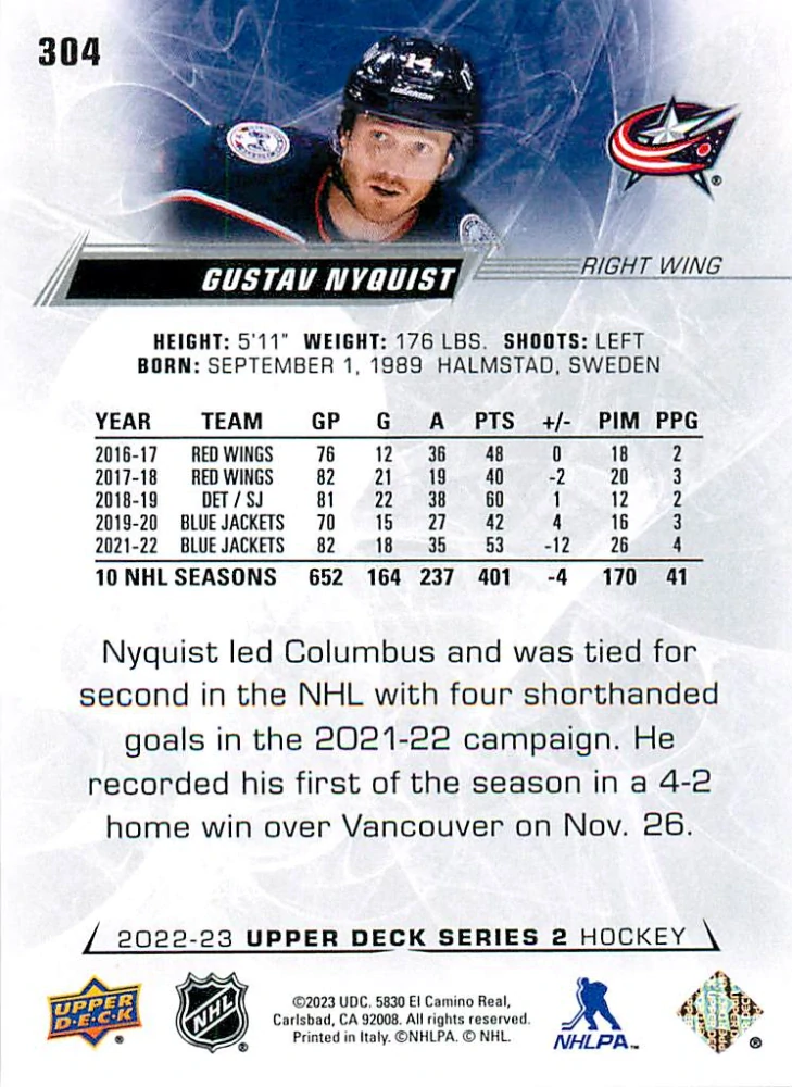 2022-23 UD Series 2 - Gustav Nyquist #304